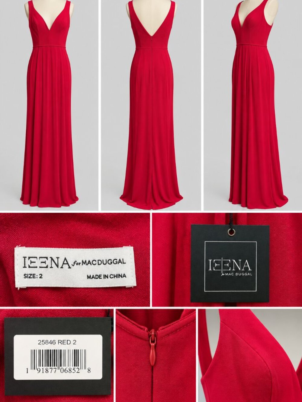 Ieena for Mac Duggal Red Plunge Neck High Slit Gown – Size 2 – NWT